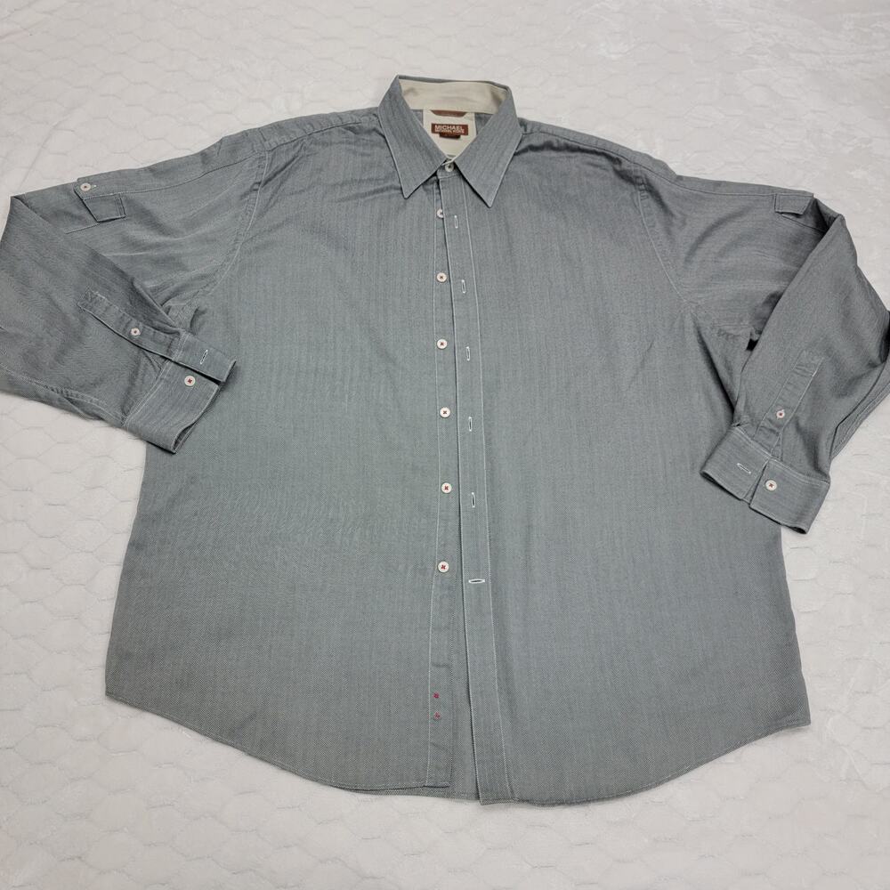 Michael Kors Mens XXL Shirt Gray Herringbone Long Sleeve Button Down Utility
